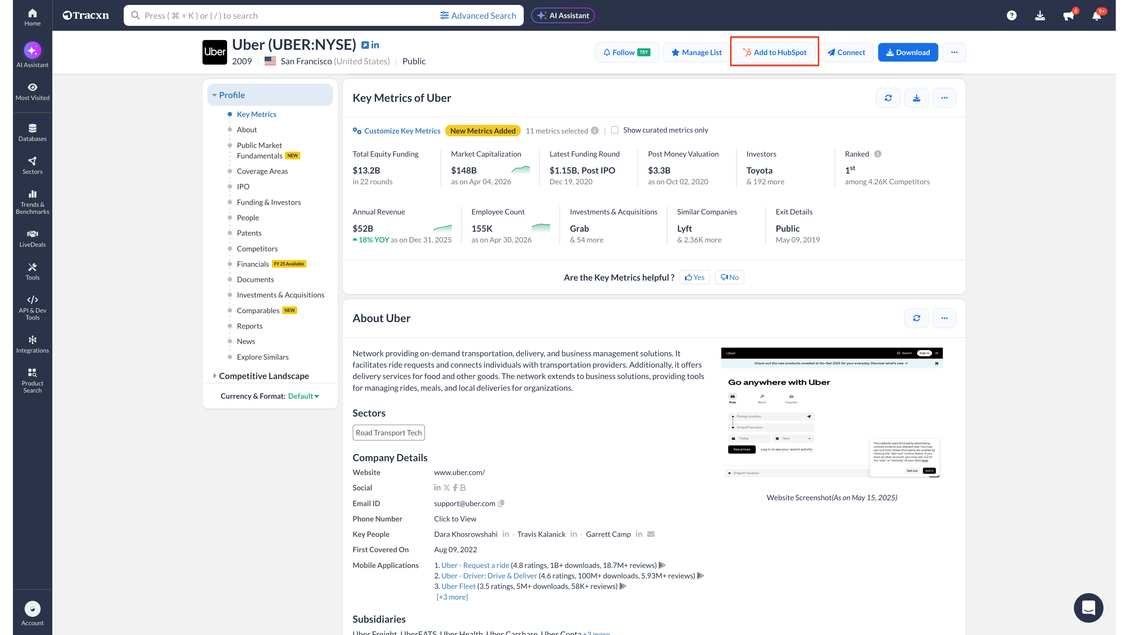 Tracxn company profile page highlighting the one-click button to export private company data directly to HubSpot.