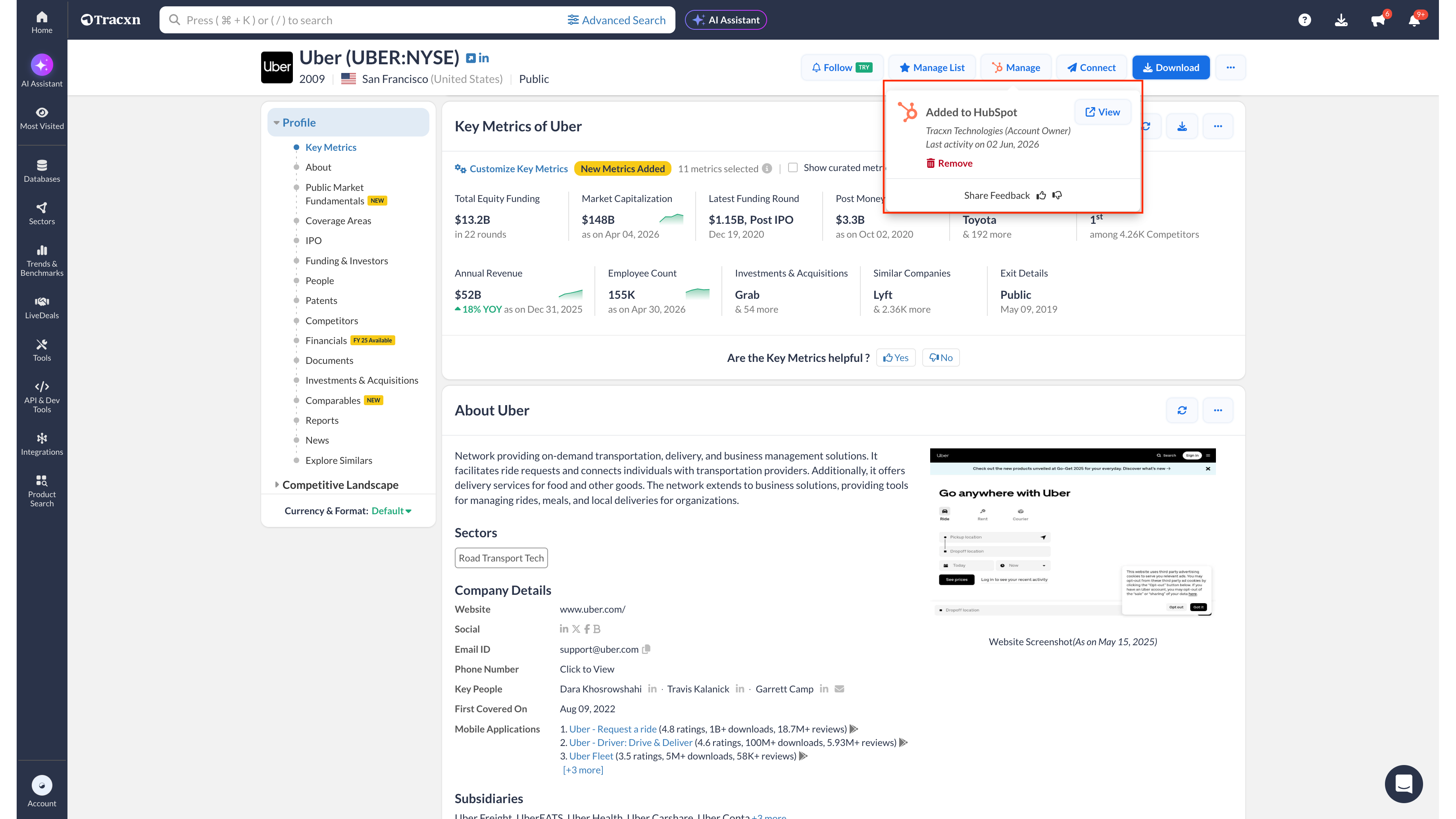 Tracxn company profile page highlighting the shortcut button to instantly view that specific record inside HubSpot.