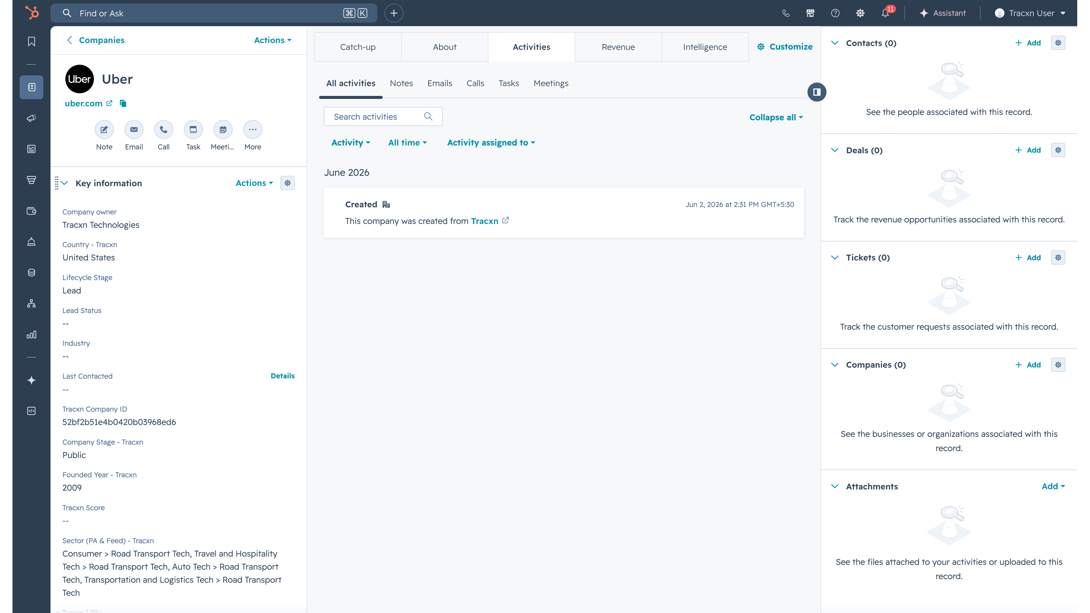 A standard HubSpot Company record successfully populated and enriched with synced Tracxn market intelligence data.
