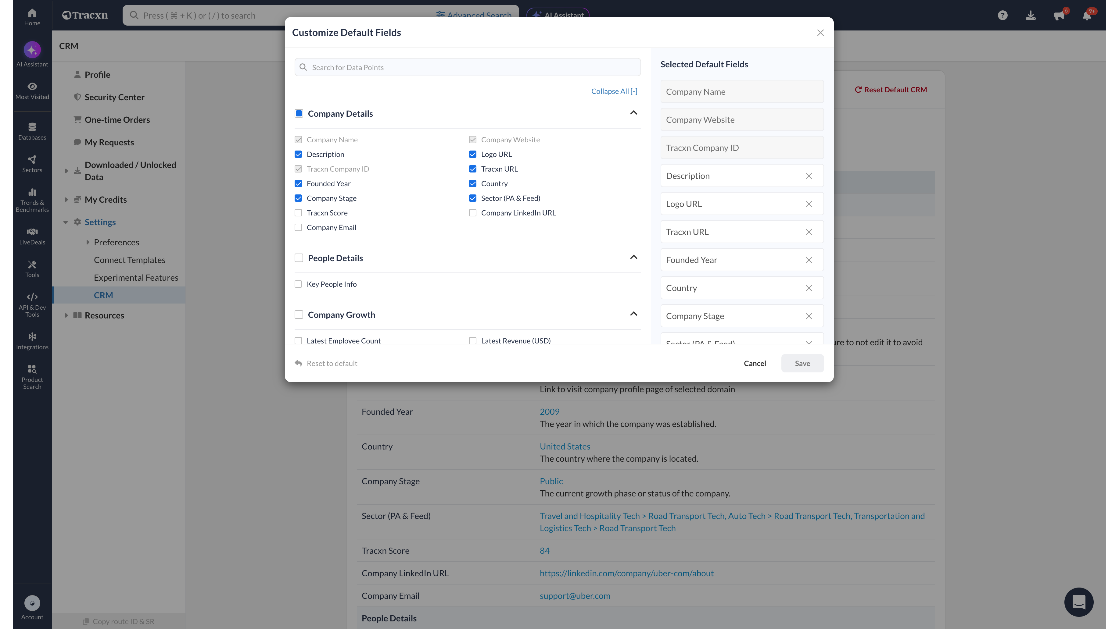 Tracxn configuration page showing settings to map specific market data fields to custom HubSpot CRM properties.